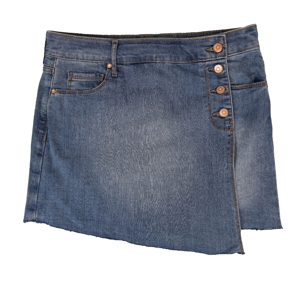 Energie Faux Wrap Skirt Womens 7 Blue Denim Mini Asymmetrical Button Raw Hem Y2K